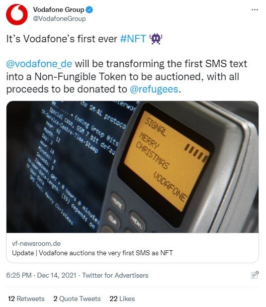 英國沃達豐公司也表示，計劃將拍賣所得全部捐贈給聯(lián)合國難民署，以支持那些被迫逃離家園的人。(圖片來源：英國沃達豐公司社交媒體截圖)