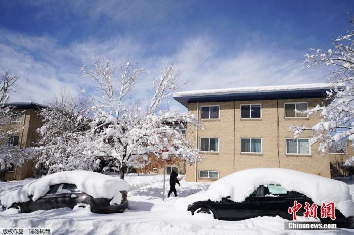 資料圖：當?shù)貢r間2021年3月15日，美國科羅拉多州丹佛，當?shù)赜瓉韽姳╋L雪天氣，城市被積雪覆蓋。