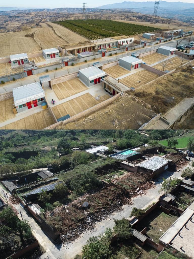 拼版照片，上圖是2022年1月山西省霍州市師莊鄉(xiāng)馮南垣村災(zāi)后恢復(fù)重建后的場(chǎng)景，下圖是2021年10月村莊因?yàn)?zāi)受損的場(chǎng)景。(霍州市委宣傳部供圖)