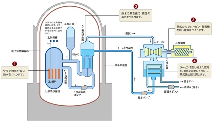 核電站運(yùn)作原理圖。通常的核電站排水未直接接觸核燃料。（圖片來(lái)源：日本北海道電力株式會(huì)社網(wǎng)站）