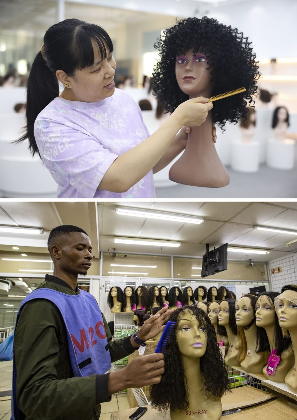 拼版照片：上圖為2023年5月25日，工人在湖南邵陽陽光發(fā)品有限公司展廳展示假發(fā)（新華社記者薛宇舸攝）；下圖為2023年6月9日，一名店員在湖南邵陽陽光發(fā)品有限公司位于南非約翰內(nèi)斯堡的店鋪內(nèi)展示假發(fā)（新華社記者張譽(yù)東攝）。新華社發(fā)