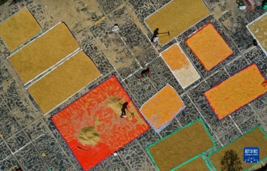 9月16日，貴州省黔東南苗族侗族自治州丹寨縣南皋鄉(xiāng)石橋村村民在晾曬農(nóng)作物（無人機(jī)照片）。