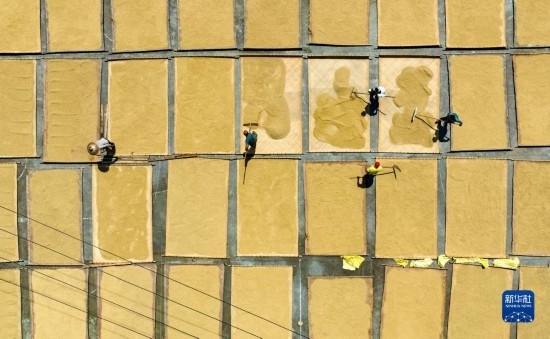 9月16日，在湖南省懷化市通道侗族自治縣萬佛山鎮(zhèn)溪上村，村民在晾曬稻谷（無人機(jī)照片）。