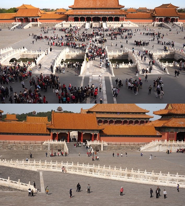 上午9時和下午13時的太和門廣場客流對比。故宮博物院供圖