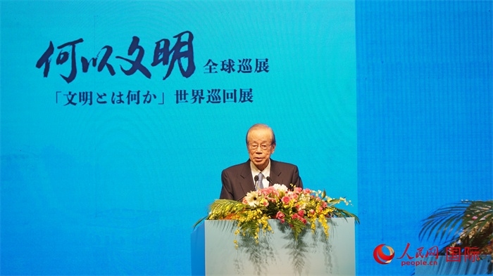 日本前首相福田康夫致辭。人民網(wǎng) 蔣曉辰攝