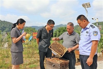  圖②：蒙山法院黃村法庭法官深入蜂蜜合作社，實(shí)地了解蜂農(nóng)需求。