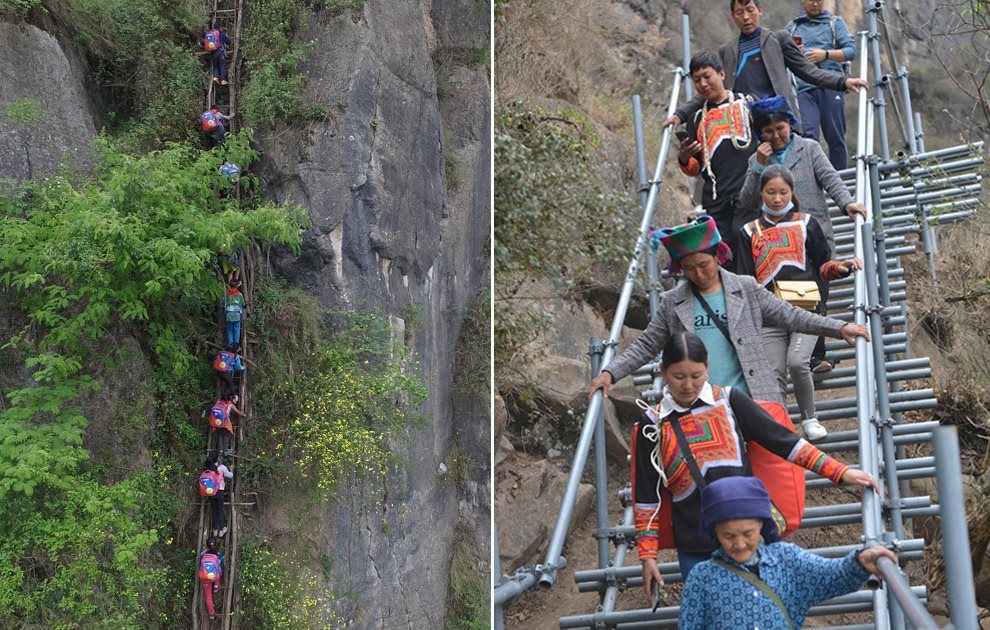“懸崖村”今昔對(duì)比：左圖為2016年5月14日，“懸崖村”的孩子們攀爬木梯回家。右圖為2020年5月13日，“懸崖村”村民帶著行李通過鋼梯下山，搬遷至易地扶貧集中安置點(diǎn)的新家。