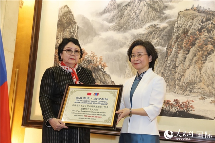 沈大使向?qū)殑跔柆敚ㄗ螅┟貢L轉(zhuǎn)交捐款。人民網(wǎng)記者 霍文攝