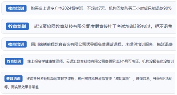 “人民投訴”用戶舉報機(jī)構(gòu)虛假宣傳包過包拿證、虛假承諾收益效果、課程服務(wù)貨不對板、退款難等在線教培亂象。（“人民投訴”平臺截圖）