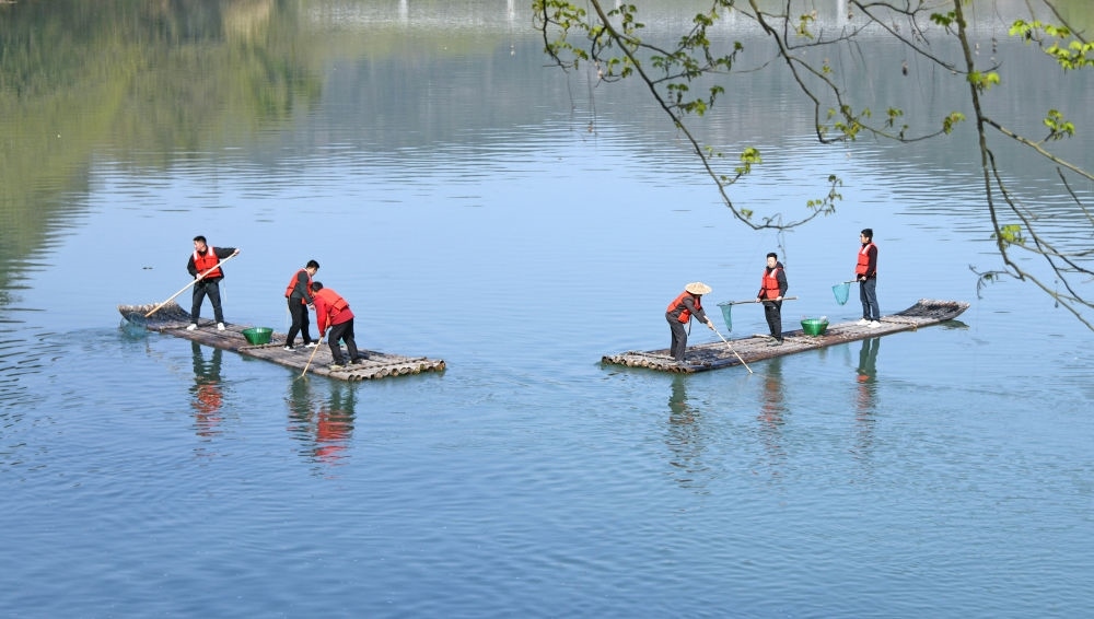 浙江省臺(tái)州市仙居縣步路鄉(xiāng)黨員志愿者與河長一起在永安溪巡河護(hù)水，清理雜物垃圾（2024年3月20日攝）。新華社發(fā)（王華斌攝）