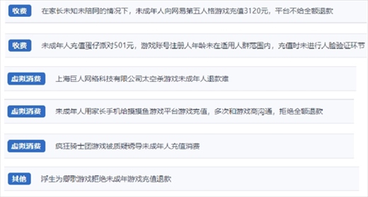 網(wǎng)友涉及“熊孩子”氪金相關(guān)投訴問(wèn)題。（“人民投訴”用戶(hù)投訴截圖）