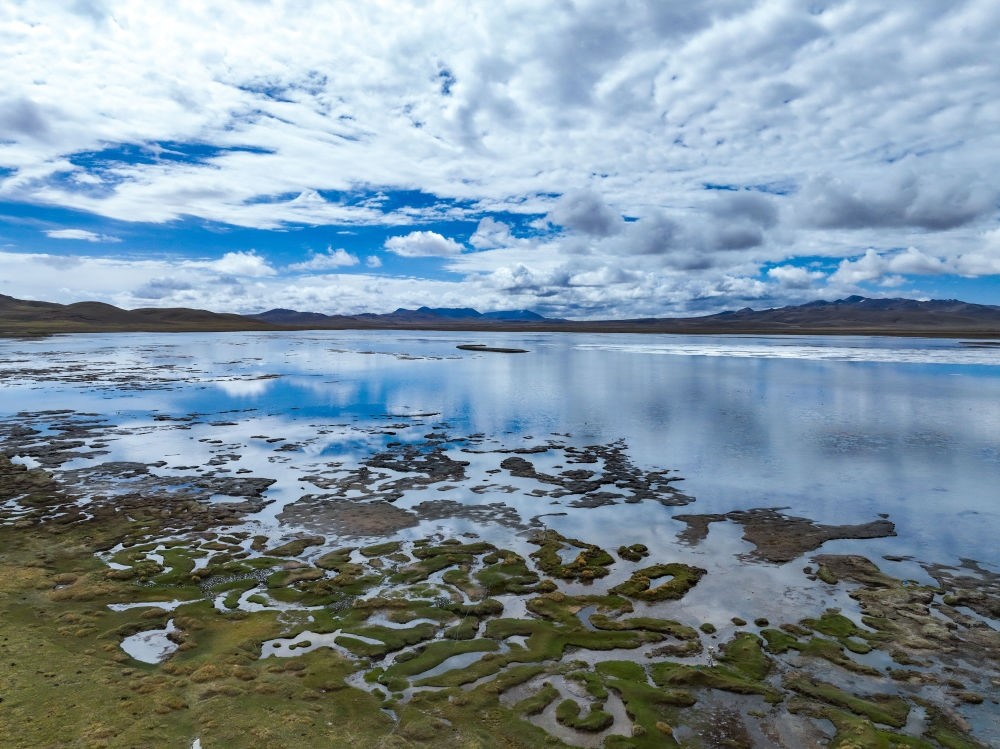 這是2024年5月26日在長江源頭地區(qū)拍攝的班德湖一角（無人機照片）。新華社記者 張龍 攝
