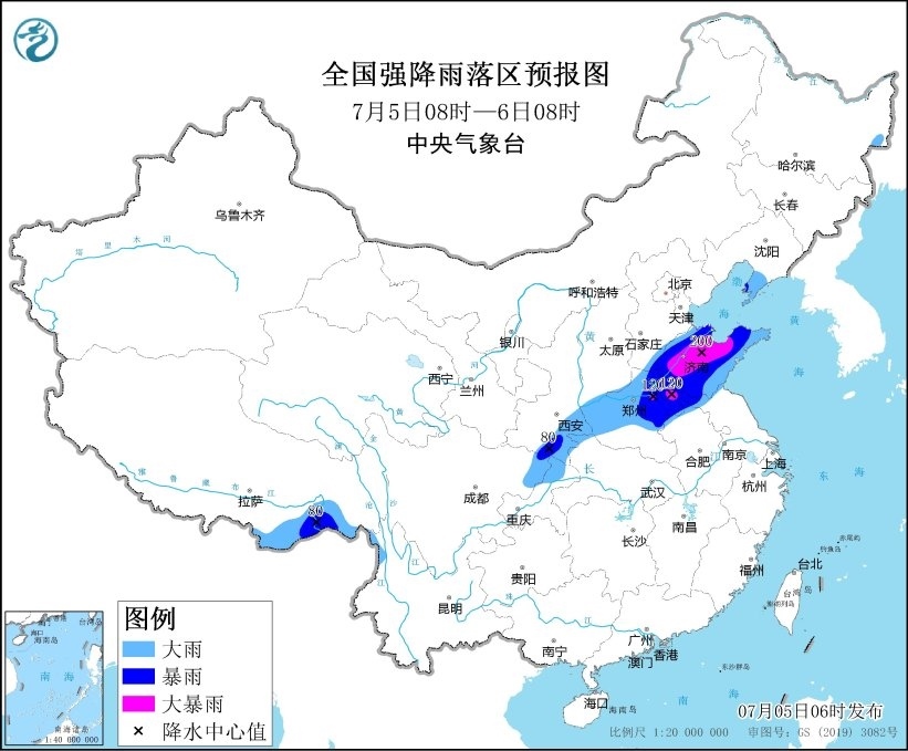 全國強(qiáng)降水落區(qū)預(yù)報（7月5日08時-6日08時）