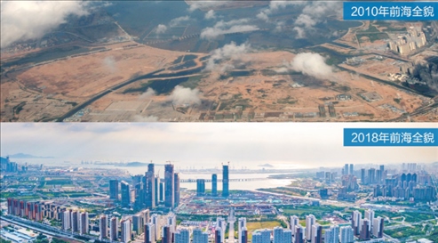 △在前海石公園的前海開發(fā)開放成果展示墻上，一張八年間的前海全貌對比圖。