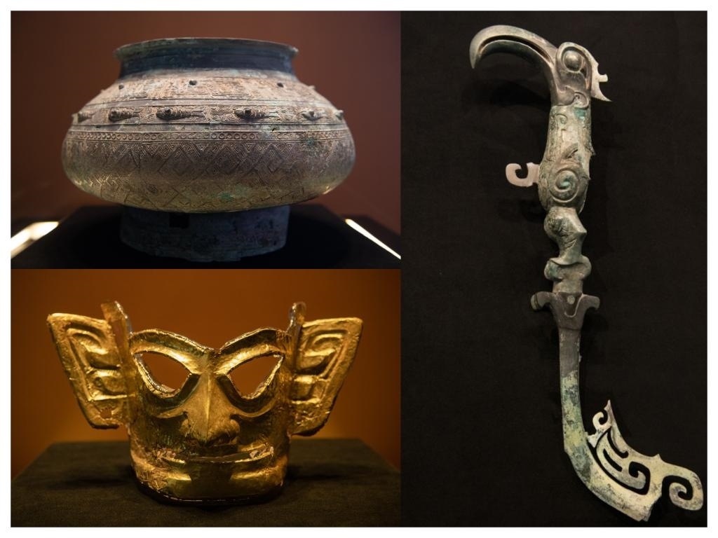 拼版照片：左上圖為青銅瓿，左下圖為黃金面具，右圖為青銅樹枝。新華社記者唐文豪 攝