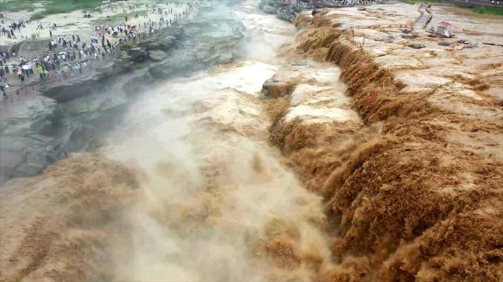 黃河壺口瀑布水量大增，出現(xiàn)壯美黃色瀑布群景觀。新華社發(fā) 呂桂明 攝