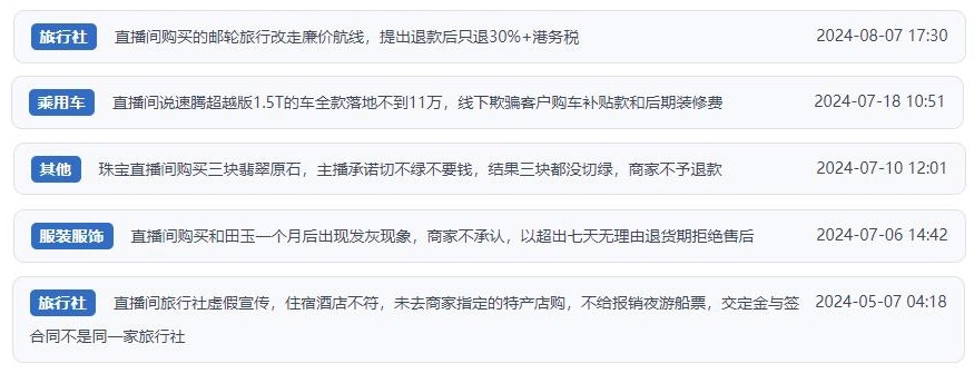 近期網(wǎng)友涉及直播購物相關(guān)投訴問題。（“人民投訴”用戶投訴截圖）