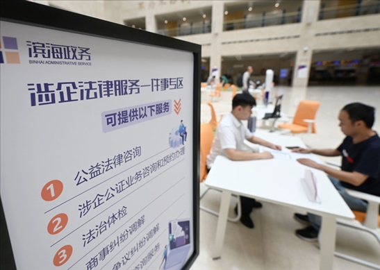 在天津?yàn)I海新區(qū)政務(wù)服務(wù)中心，工作人員在“涉企法律服務(wù)一件事”專區(qū)為市民提供服務(wù)（2024年7月31日攝）。新華社記者 趙子碩 攝
