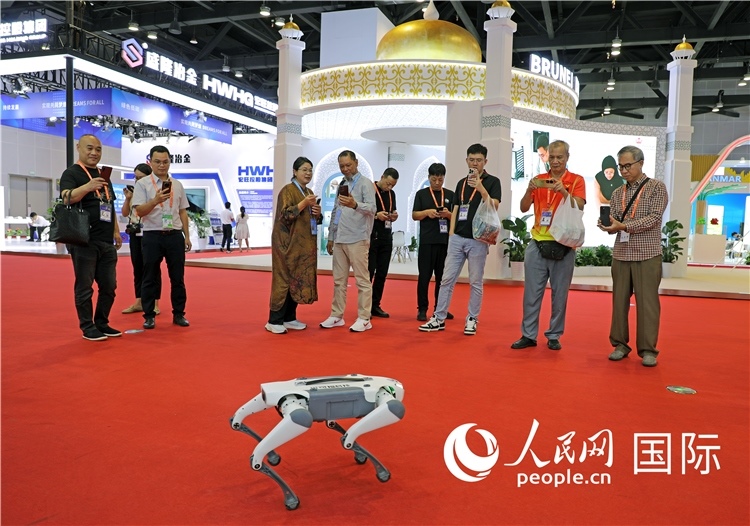 東博會(huì)上，觀眾正在參觀一只機(jī)器狗。綠色能源、新能源汽車、綠色農(nóng)產(chǎn)品等成為本屆東博會(huì)觀眾關(guān)注的焦點(diǎn)。人民網(wǎng)記者 趙益普攝