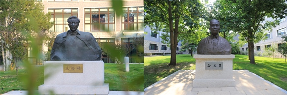 拼版照片：左圖為中央黨校（國家行政學院）校園內(nèi)的焦裕祿雕塑；右圖為中央黨校（國家行政學院）校園內(nèi)的谷文昌雕塑。