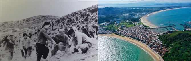 拼版照片：左圖為東山縣群眾在荒山上種植樹苗（資料照片）；右圖為2020年6月18日拍攝的東山縣陳城鎮(zhèn)澳角村附近風光（無人機照片，新華社記者 姜克紅 攝）。