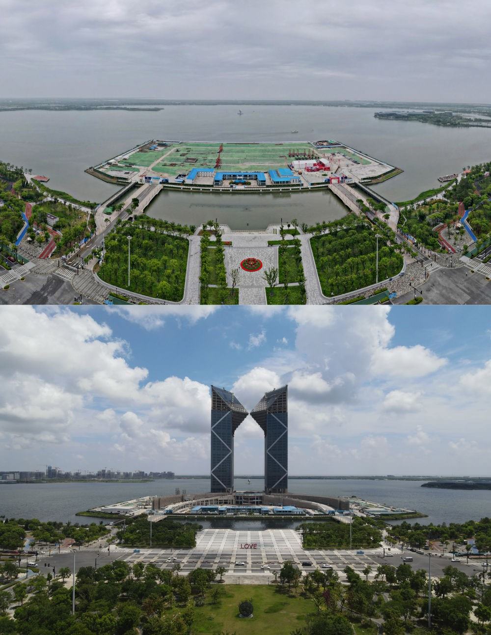 拼版照片：空中俯瞰中國(guó)（上海）自由貿(mào)易試驗(yàn)區(qū)臨港新片區(qū)滴水湖西島中銀金融中心項(xiàng)目現(xiàn)場(chǎng)（上圖為2021年6月20日攝，無(wú)人機(jī)照片；下圖為2024年8月14日攝，無(wú)人機(jī)照片）。2019年8月20日，臨港新片區(qū)揭牌成立，一個(gè)開放新高地在長(zhǎng)江與東海交匯處日益崛起。