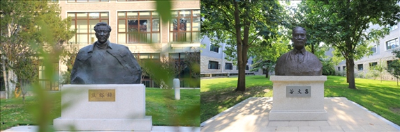 △左圖為中央黨校（國(guó)家行政學(xué)院）校園內(nèi)的焦裕祿雕塑，右圖為校園內(nèi)的谷文昌雕塑。
