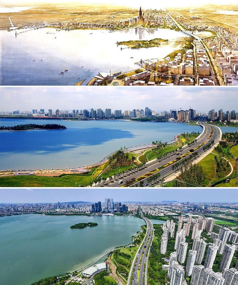 拼版照片：上圖為1994年繪制的蘇州工業(yè)園區(qū)手繪規(guī)劃圖；中圖為2007年拍攝的蘇州工業(yè)園區(qū)；下圖為2023年7月4日用無人機(jī)拍攝的蘇州工業(yè)園區(qū)。