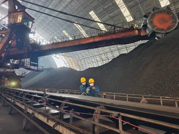 趙善國（右）和同事對電廠煤場進(jìn)行巡檢。受訪者供圖