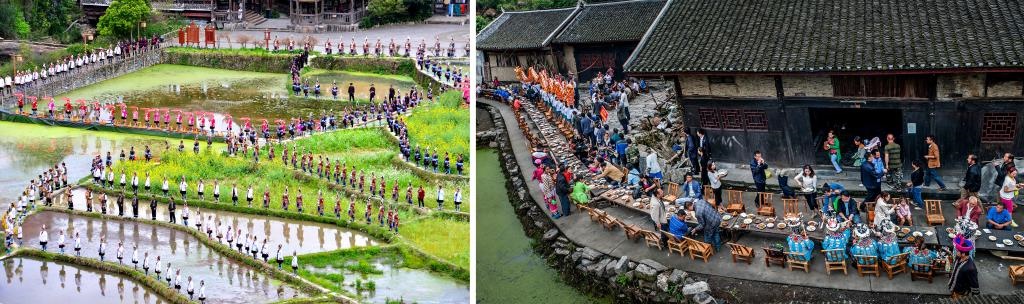 左圖：近期，人們?cè)诶杵娇h肇興侗寨的田園里演唱侗族大歌（黎平縣委宣傳部供圖）；右圖：這是2023年拍攝的十八洞村長桌宴（湘西州委宣傳部供圖）。