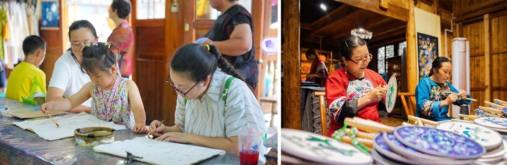 左圖：近期，游客在黎平縣肇興侗寨體驗(yàn)非遺蠟染藝術(shù)（黎平縣委宣傳部供圖）；右圖：這是2024年拍攝的繡娘在十八洞村梨子寨苗繡鄉(xiāng)村振興示范基地制作苗繡產(chǎn)品（湘西州委宣傳部供圖）。