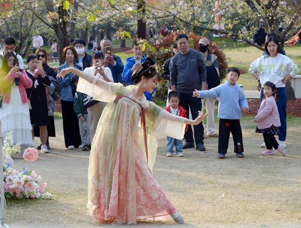 清明假期期間，上海顧村公園櫻花島上，游客在觀賞國(guó)風(fēng)漢服快閃表演。（圖片來(lái)源：視覺(jué)中國(guó)）