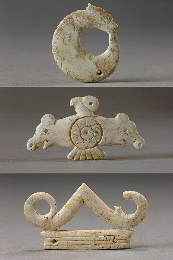 玉龍（上）、玉鷹（中）和玉冠飾（下）。國家文物局供圖