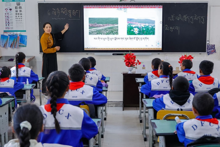 2024年9月27日，在四川省甘孜藏族自治州道孚縣城關(guān)第一完全小學(xué)，采取“藏加模式”教學(xué)的五年級(jí)一班的藏語(yǔ)文課上，準(zhǔn)木周老師指導(dǎo)藏族學(xué)生以家鄉(xiāng)草原風(fēng)物為主題寫(xiě)作藏語(yǔ)文作文。新華社記者 沈伯韓 攝