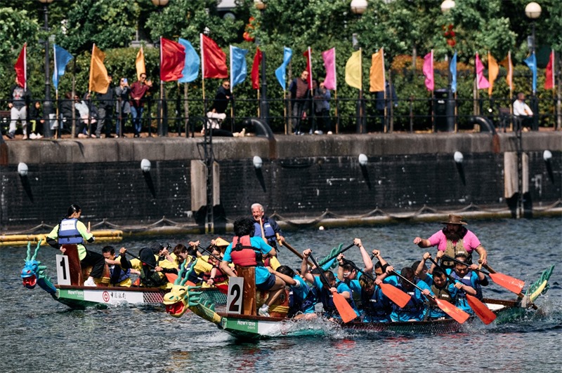 中英雙方的參賽隊(duì)伍參與龍舟競渡。楊浩鵬攝