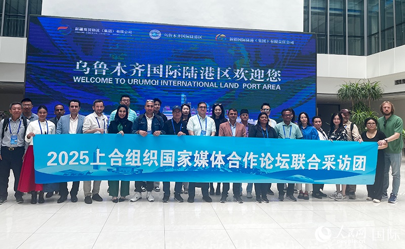5月26日，外國媒體人在烏魯木齊國際陸港區(qū)合影留念。 人民網記者 翟轉麗攝