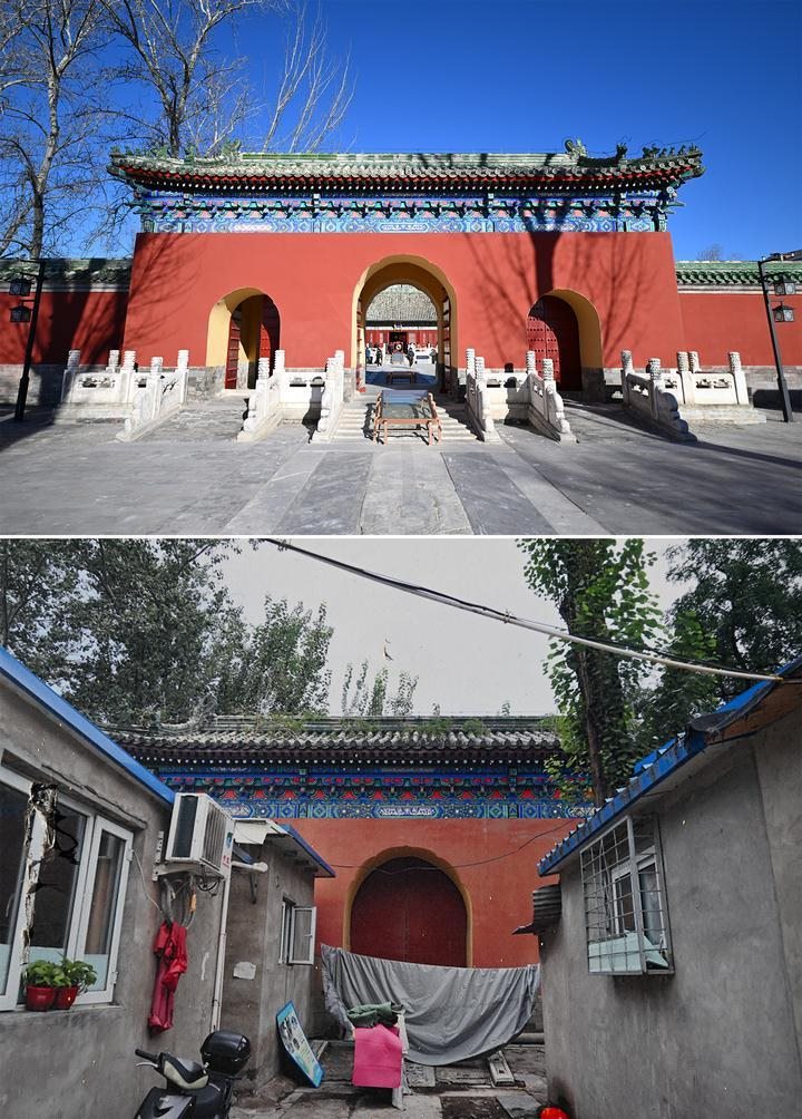 位于先農(nóng)壇內(nèi)的慶成宮，曾長時間被雜亂的民居占據(jù)。在北京中軸線申遺保護工作的帶動下，北京完成了慶成宮區(qū)域文物征收騰退、非文物建筑拆除、彩畫保護、本體修繕、展覽布陳等，讓560多年歷史的古建群重新回歸。2024年12月，北京中軸線上先農(nóng)壇內(nèi)的慶成宮首次面向社會公眾開放。上圖為騰退修繕后的慶成宮內(nèi)宮門（資料照片）；下圖為翻拍的慶成宮內(nèi)宮門騰退修繕前的資料照片（2024年12月21日攝）。